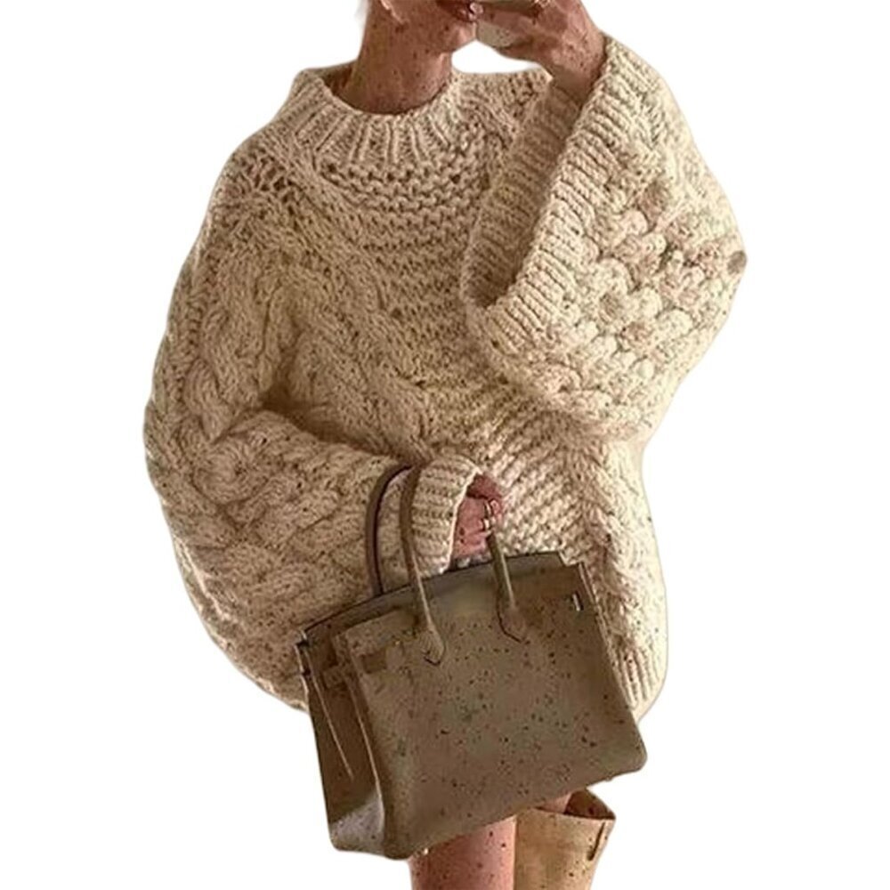 Women’s Oversized Cable Knit Sweater Crewneck Long Sleeves Ribbed Chunky Tunic